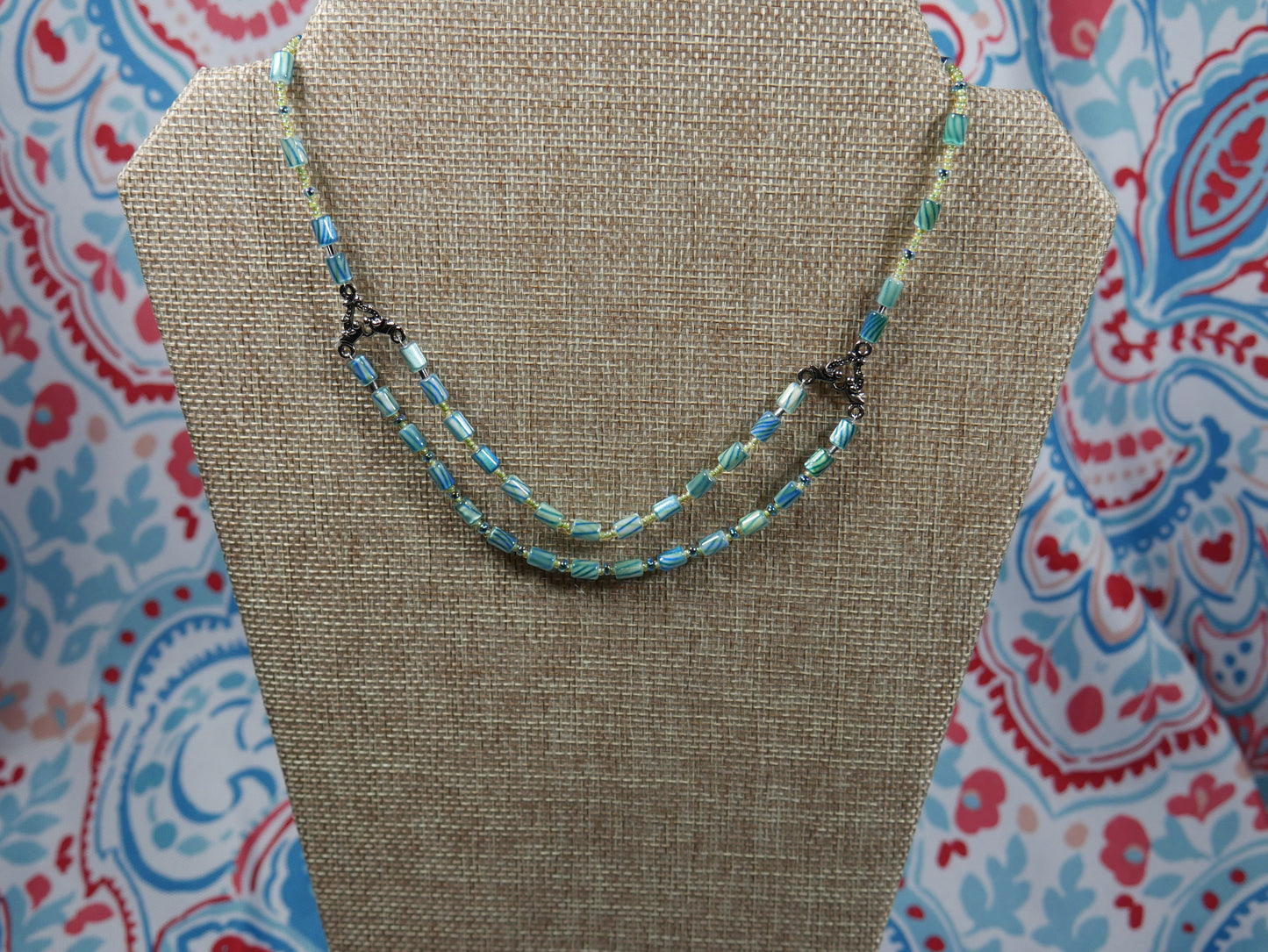 Green and Blue Beaded Cane Glass Choker