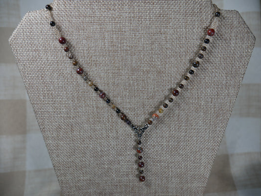 Beaded Poppy and Wood Jasper Necklace