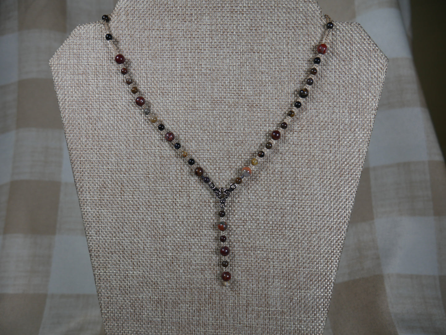 Beaded Poppy and Wood Jasper Necklace