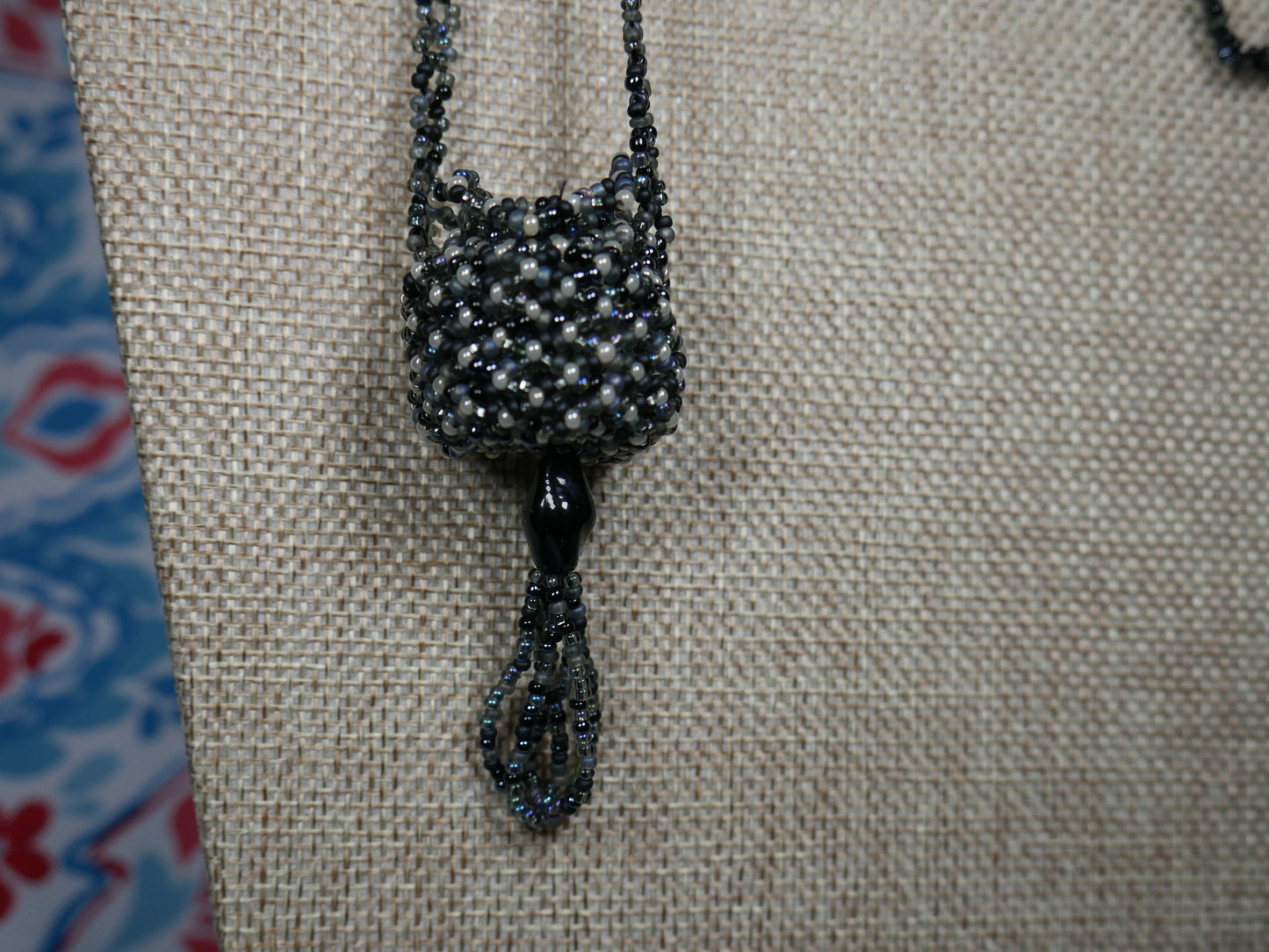 Beaded Black and Grey Woven Basket Necklace