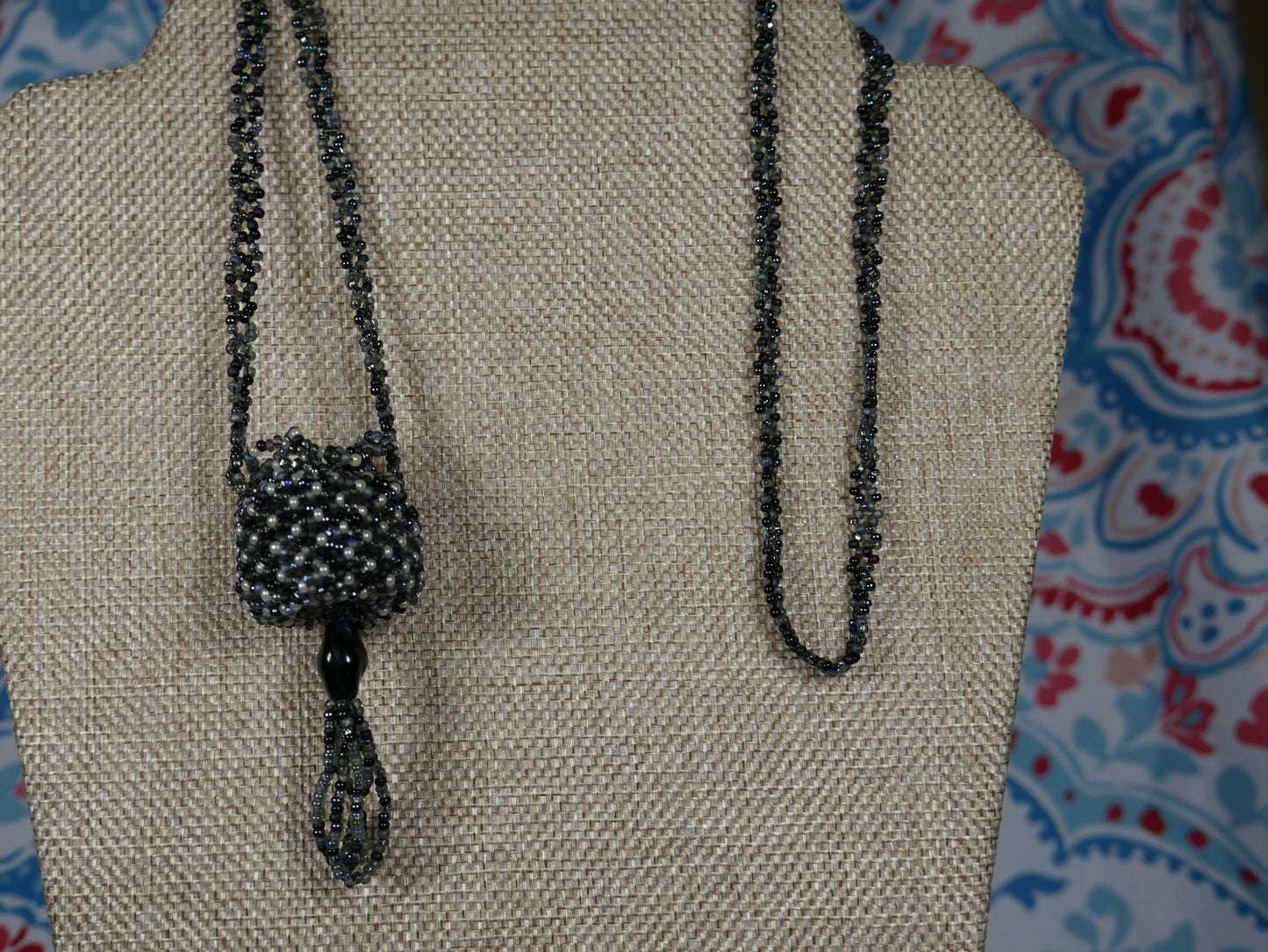 Beaded Black and Grey Woven Basket Necklace