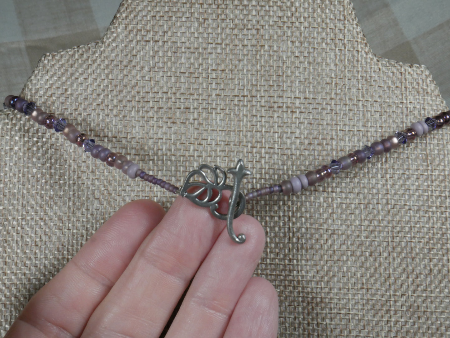 Purple Beaded Choker with Striped Purple Teardrop Bead Dangles