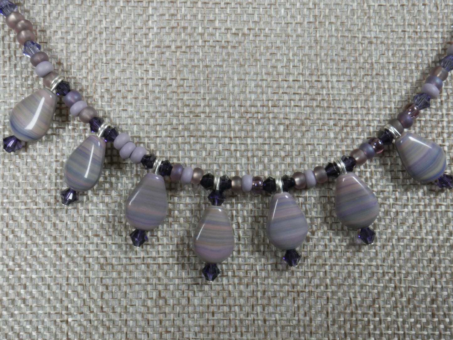 Purple Beaded Choker with Striped Purple Teardrop Bead Dangles