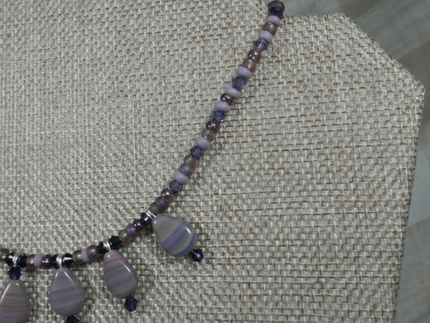 Purple Beaded Choker with Striped Purple Teardrop Bead Dangles