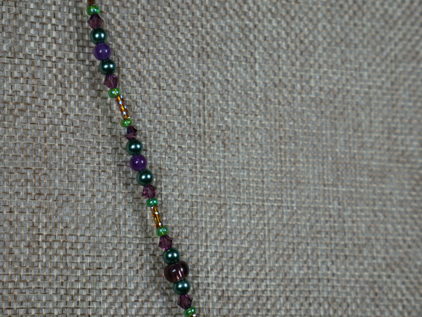 Purple, Green and Gold Beaded Necklace with Bicone Crystals and Crystal Encrusted Accent Bead