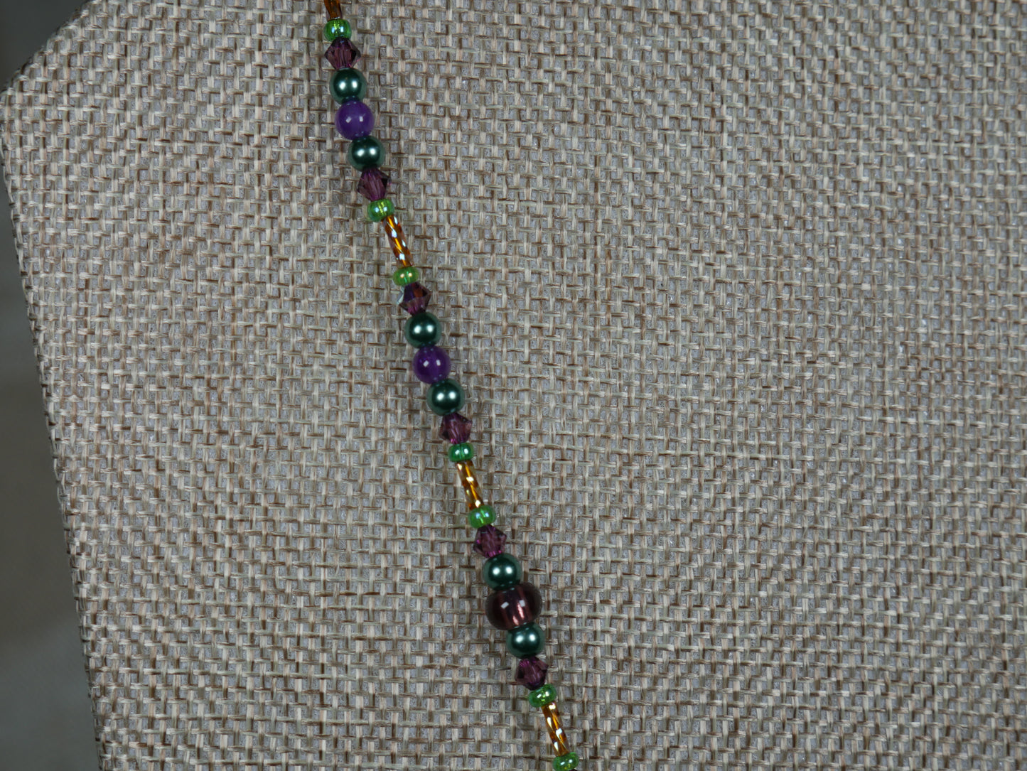 Purple, Green and Gold Beaded Necklace with Bicone Crystals and Crystal Encrusted Accent Bead