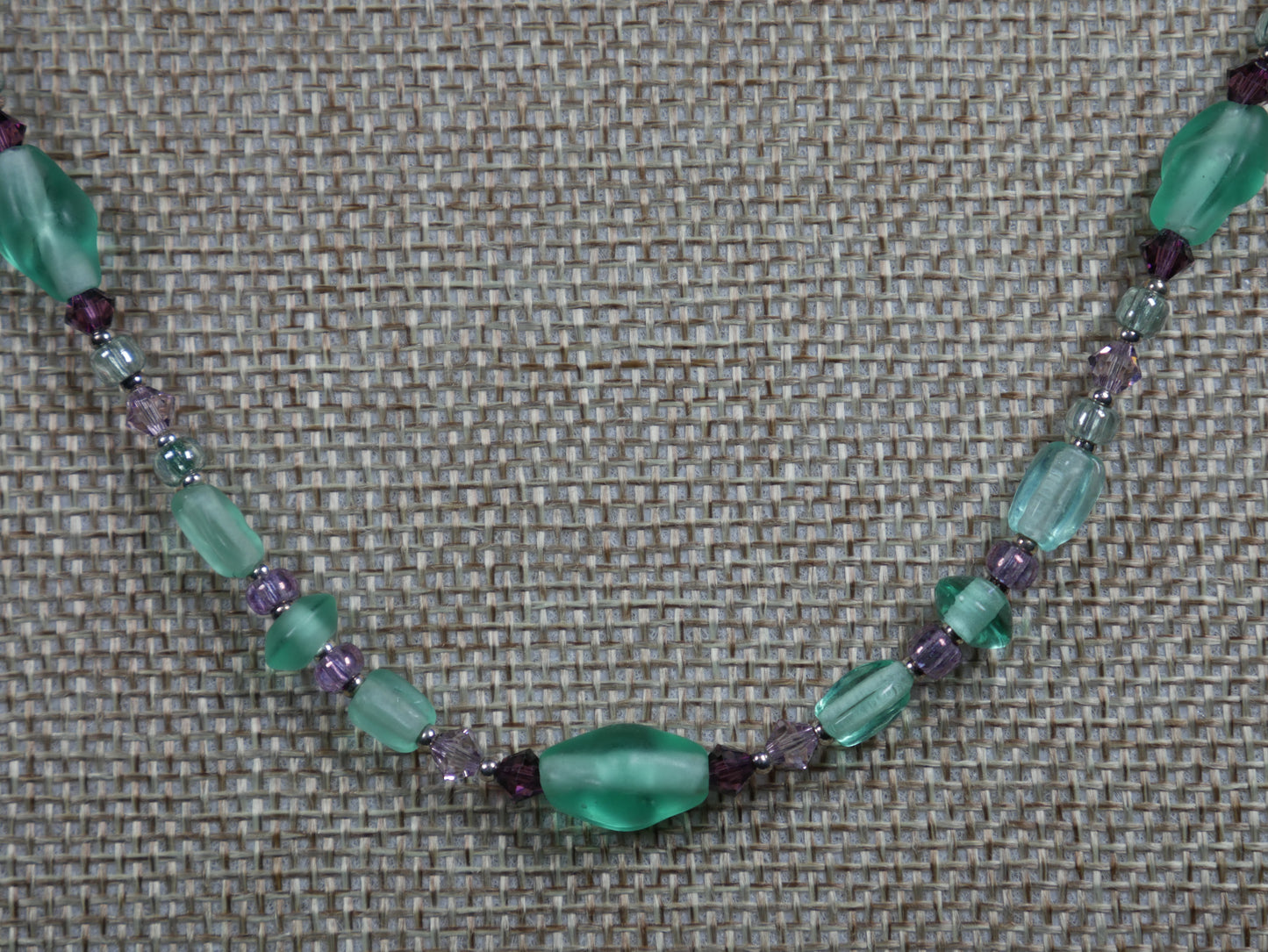 Beaded Necklace with Aqua and Purple Glass Beads and Bicone Crystals