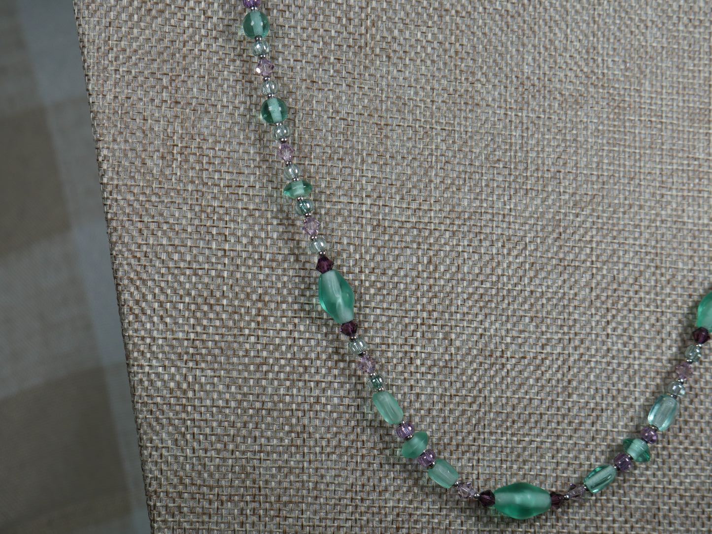 Beaded Necklace with Aqua and Purple Glass Beads and Bicone Crystals