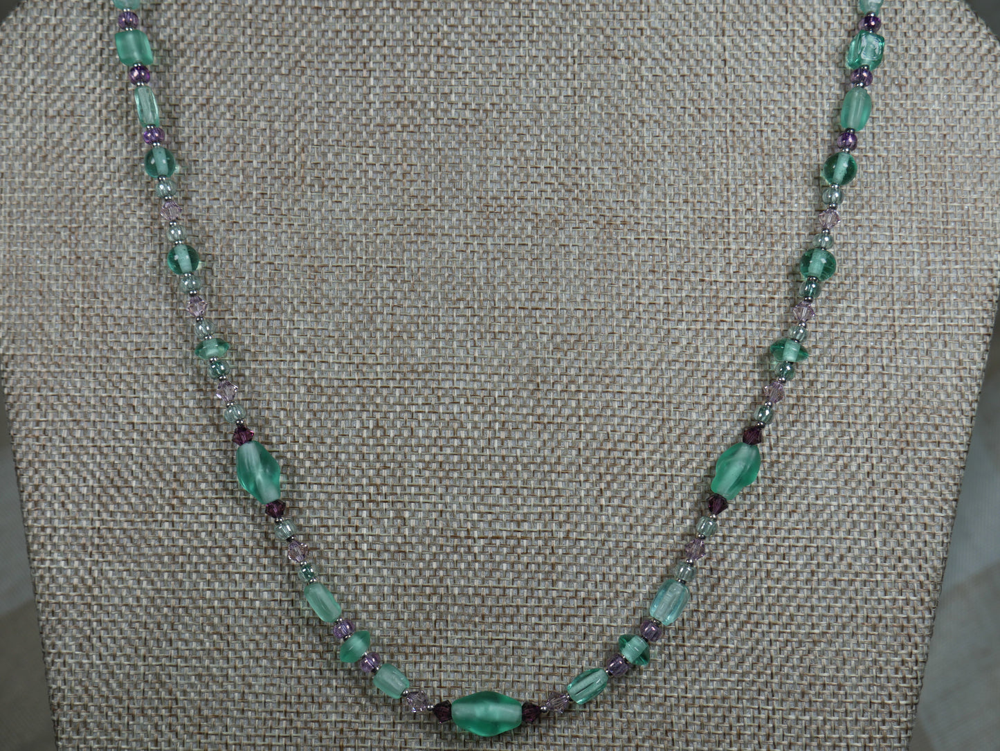 Beaded Necklace with Aqua and Purple Glass Beads and Bicone Crystals