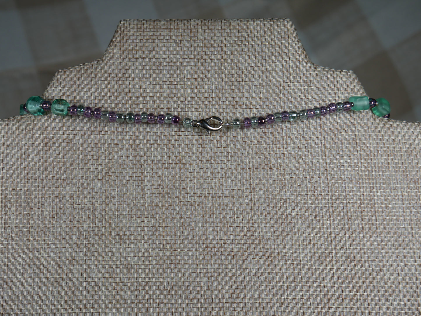 Beaded Necklace with Aqua and Purple Glass Beads and Bicone Crystals