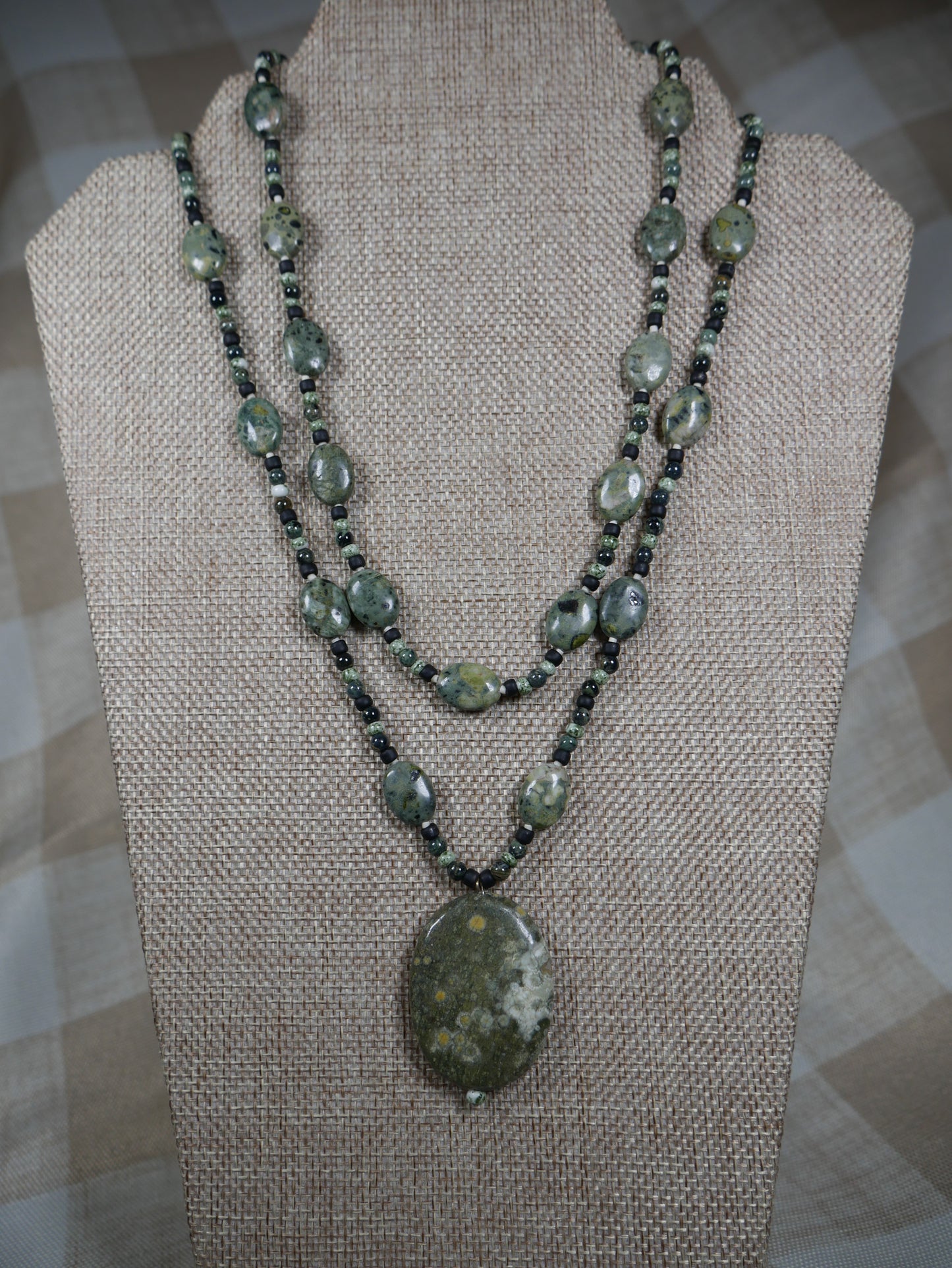 Beaded 2 Strand Rhyolite and Kambara Jasper Necklace with Rhyolite Pendant