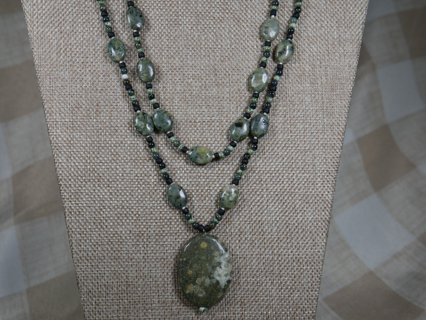 Beaded 2 Strand Rhyolite and Kambara Jasper Necklace with Rhyolite Pendant