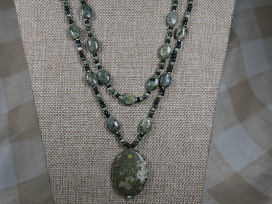 Beaded 2 Strand Rhyolite and Kambara Jasper Necklace with Rhyolite Pendant