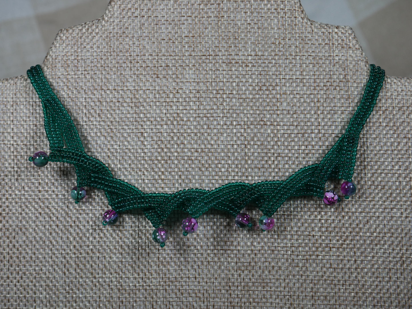 Layered and Twisted Green and Pink Herringbone Stitched Choker