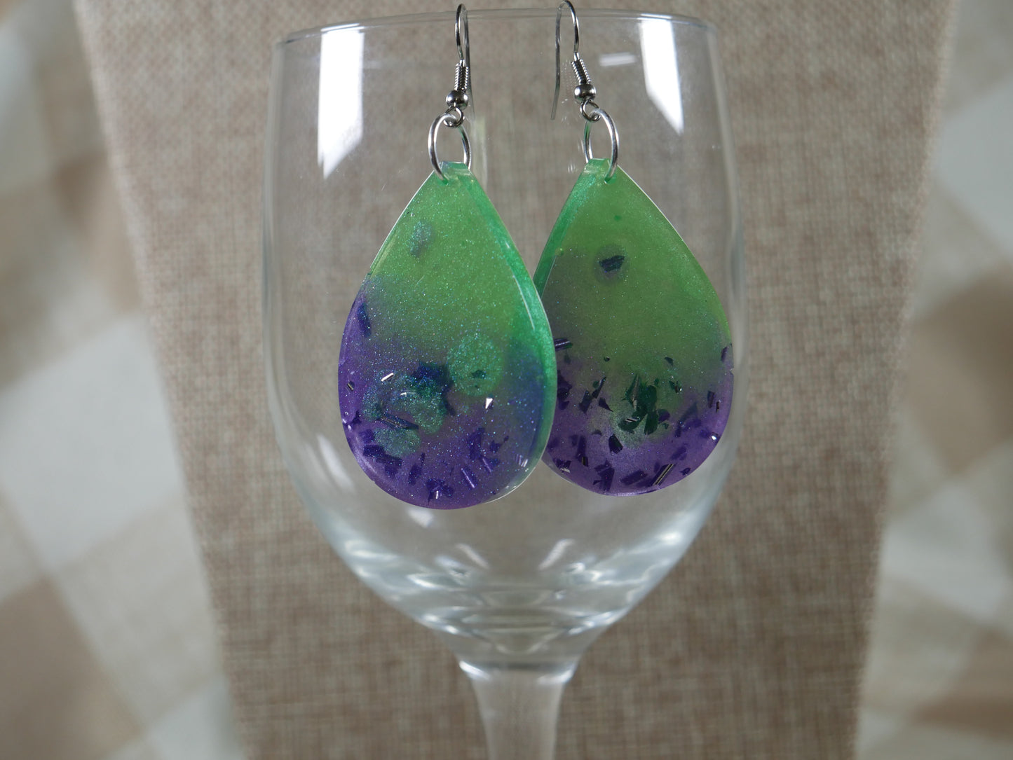 Resin Green and Purple Tear Drop Shaped Earrings