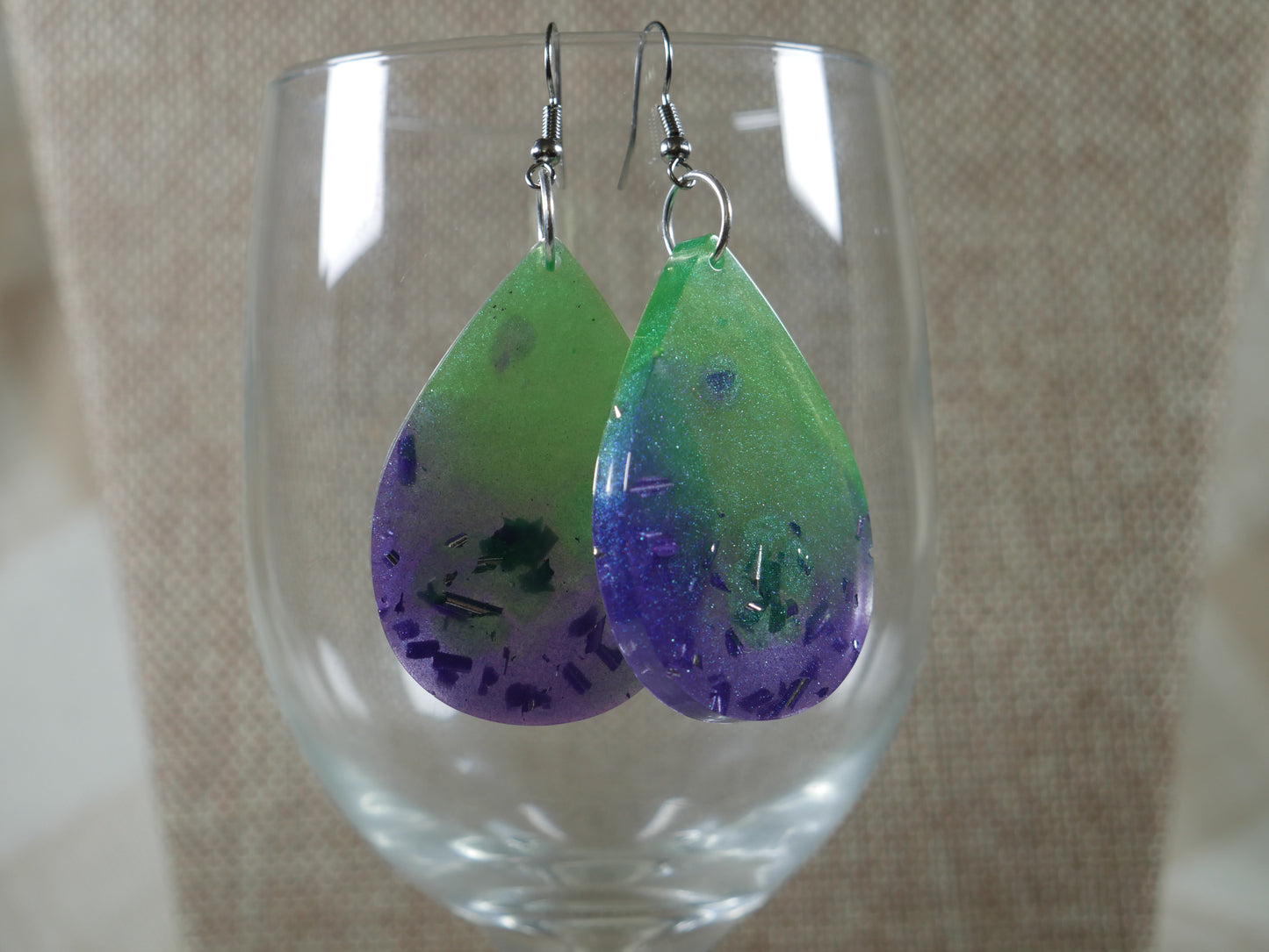 Resin Green and Purple Tear Drop Shaped Earrings