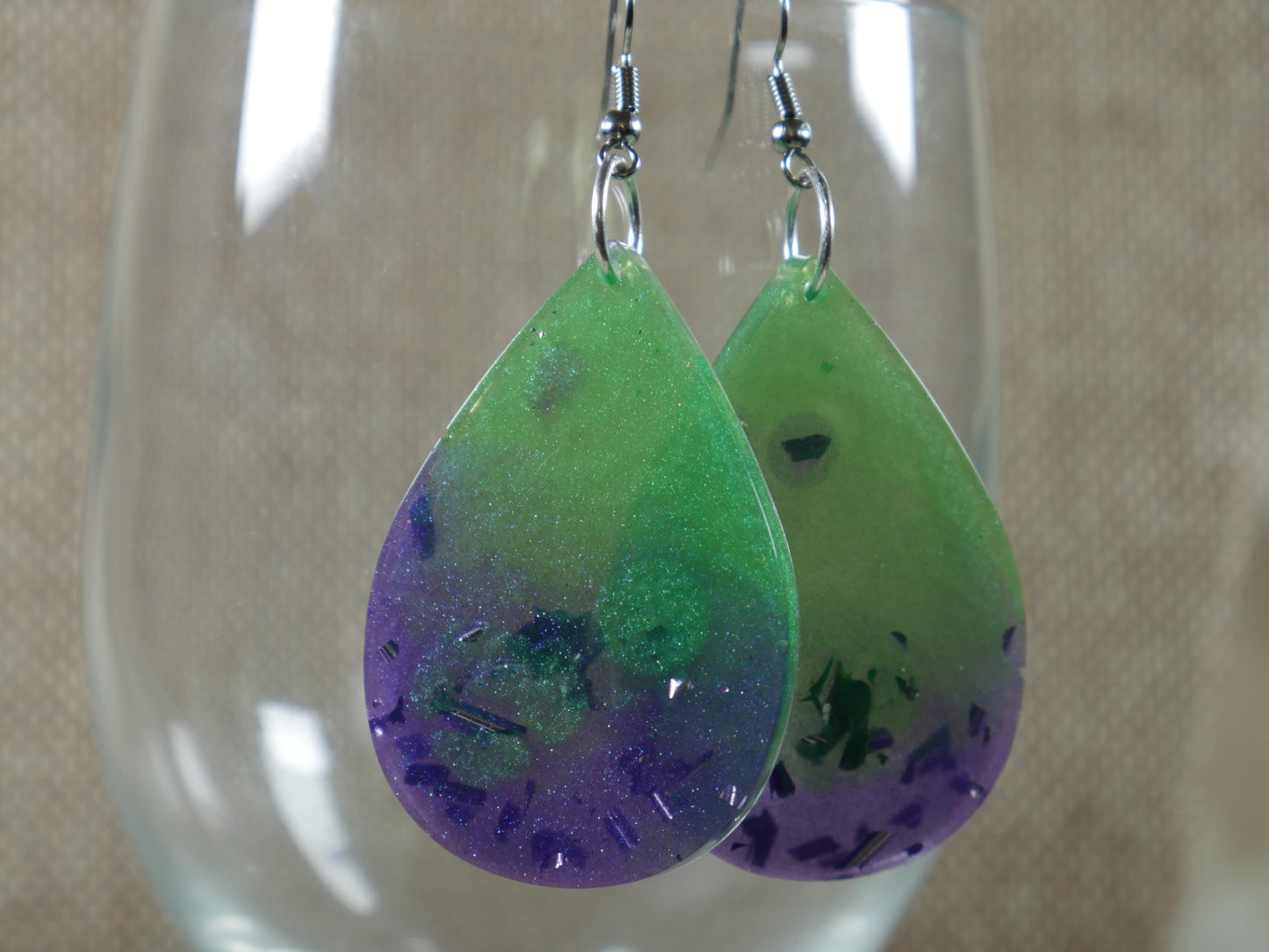 Resin Green and Purple Tear Drop Shaped Earrings