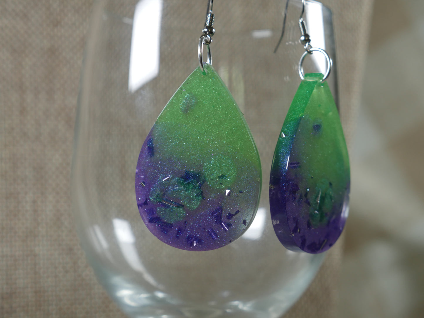 Resin Green and Purple Tear Drop Shaped Earrings