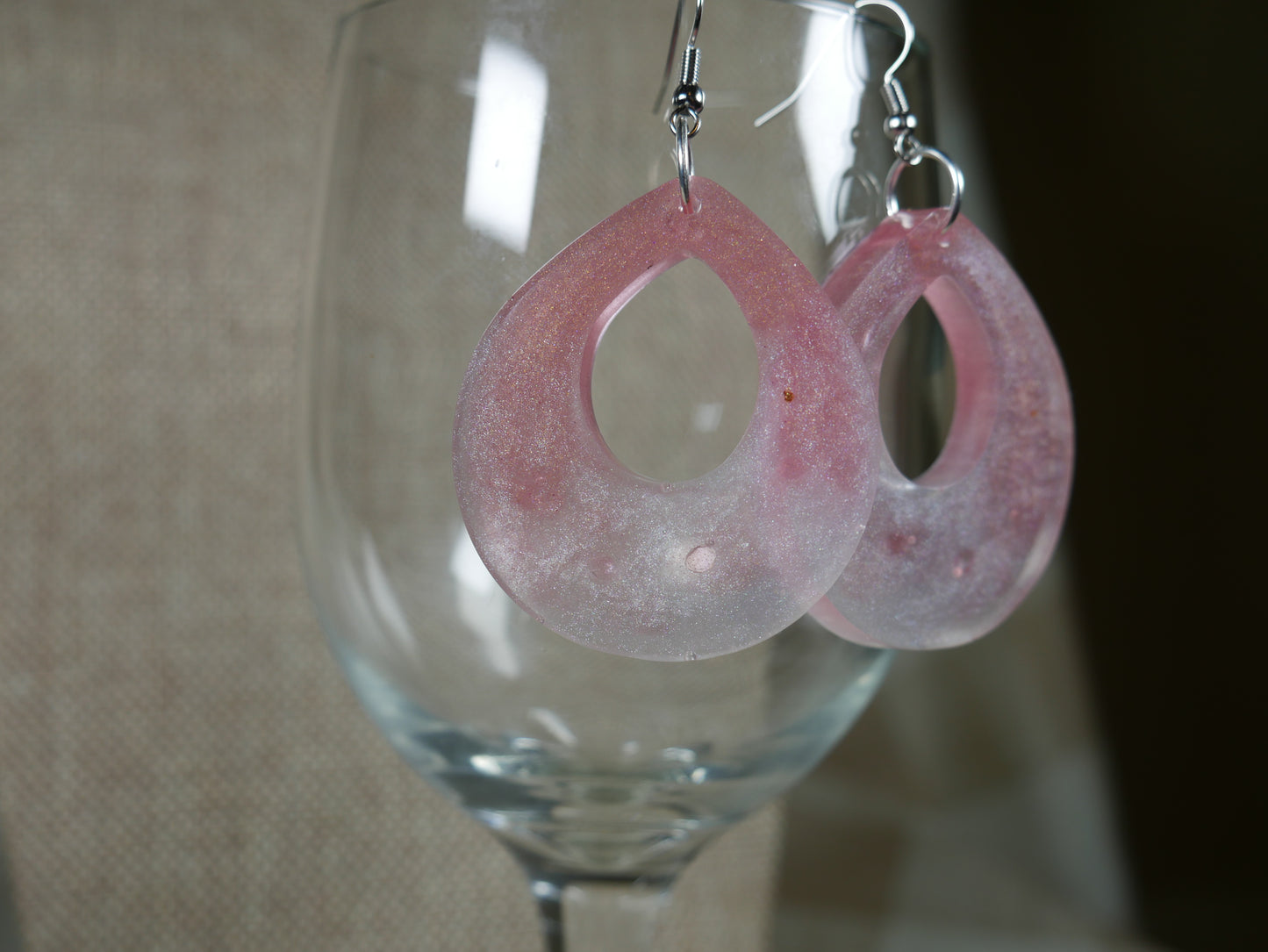 Resin Sparkly White and Pink Teardrop Earrings