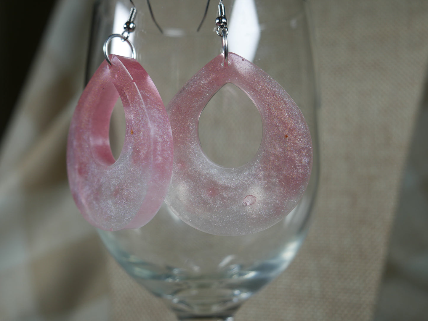 Resin Sparkly White and Pink Teardrop Earrings