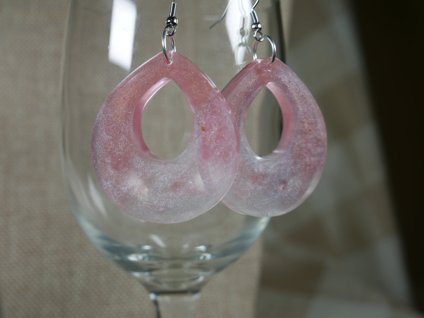 Resin Sparkly White and Pink Teardrop Earrings