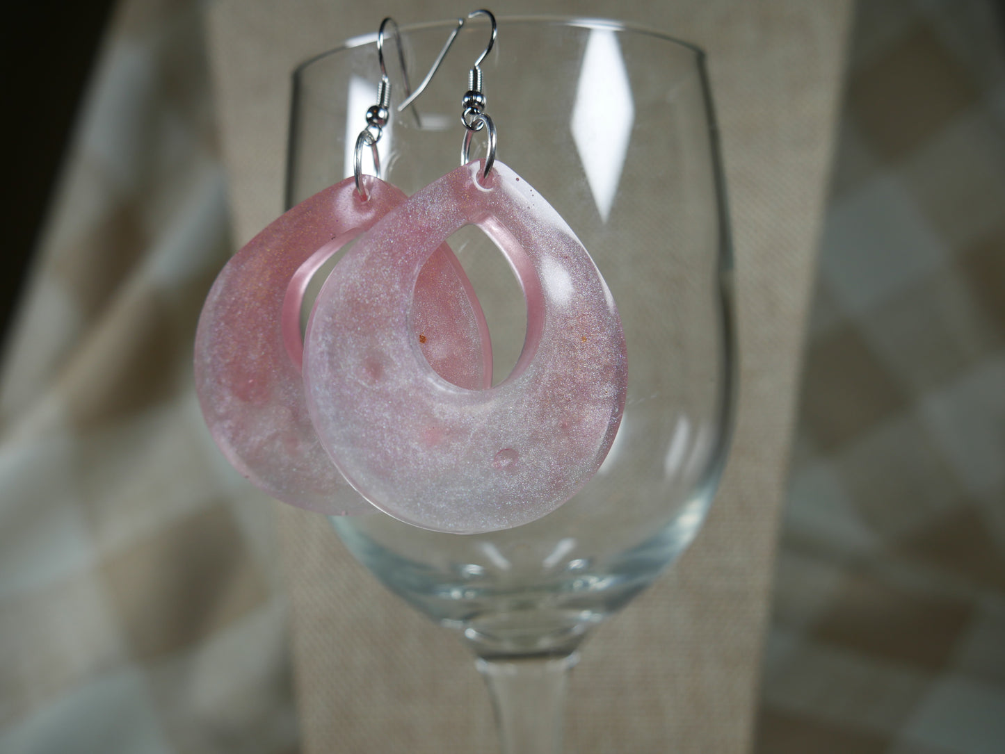 Resin Sparkly White and Pink Teardrop Earrings