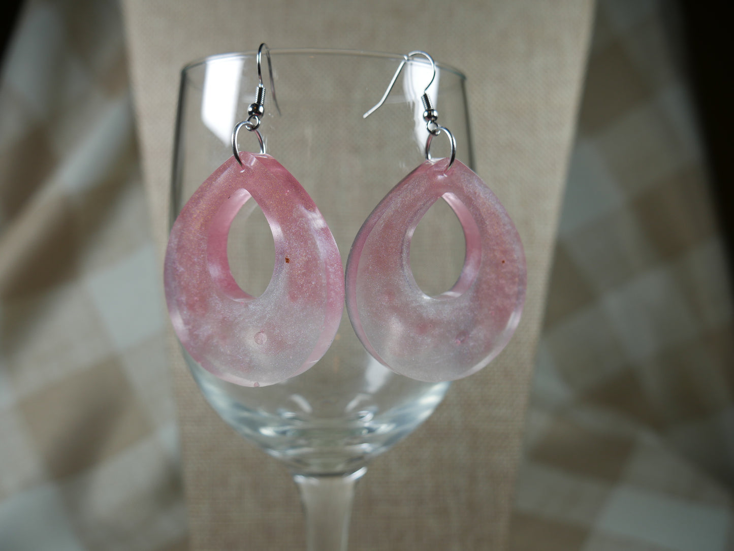 Resin Sparkly White and Pink Teardrop Earrings