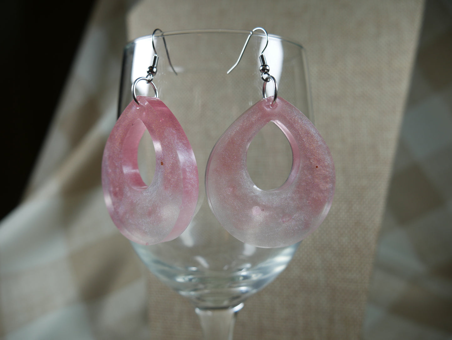 Resin Sparkly White and Pink Teardrop Earrings