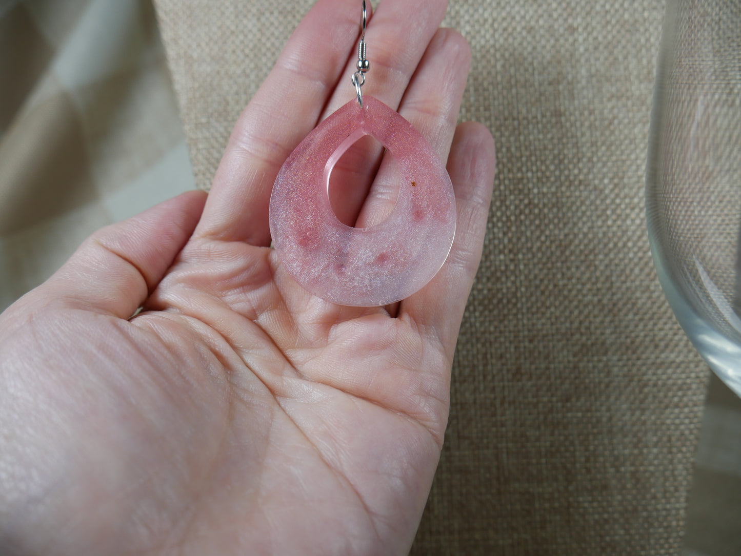 Resin Sparkly White and Pink Teardrop Earrings