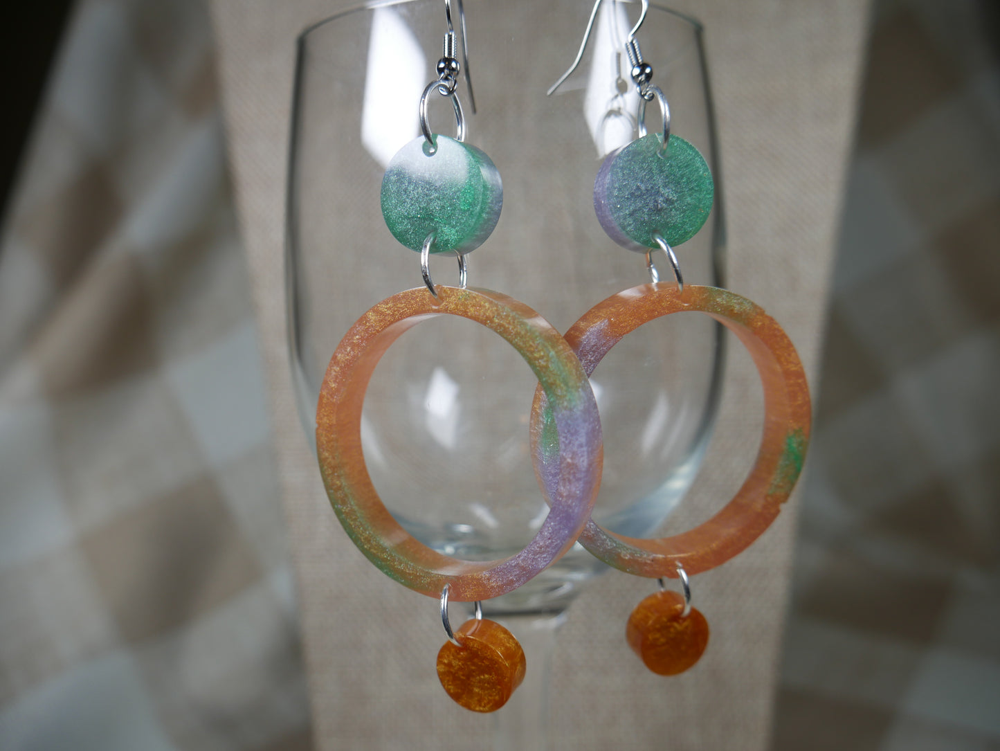 Resin Green, Silver and Gold Three Circle Earrings