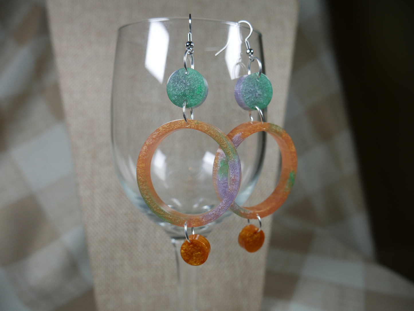 Resin Green, Silver and Gold Three Circle Earrings