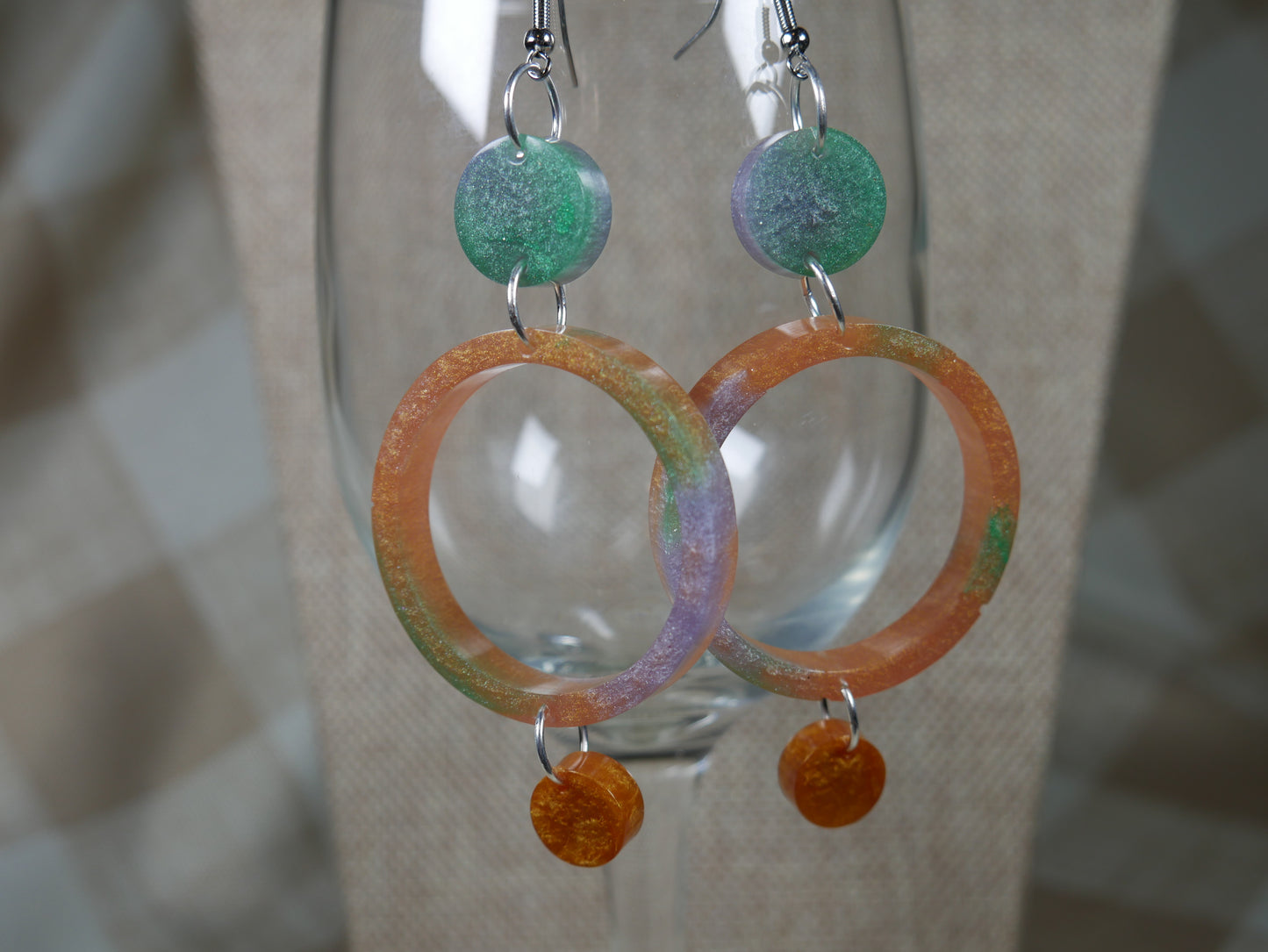 Resin Green, Silver and Gold Three Circle Earrings