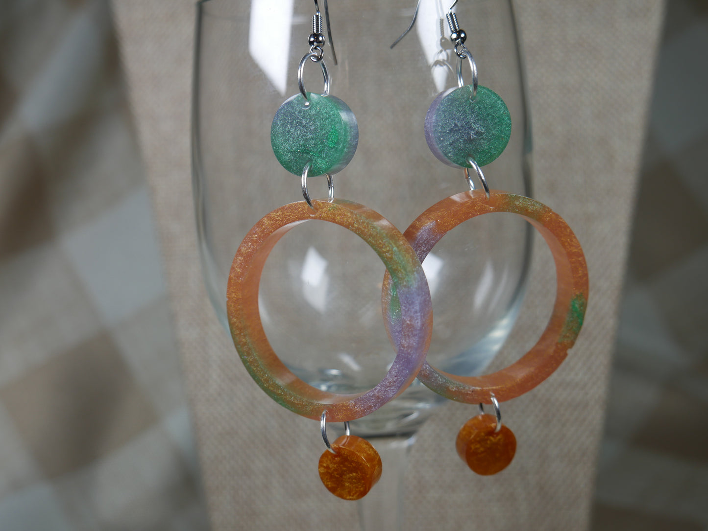 Resin Green, Silver and Gold Three Circle Earrings