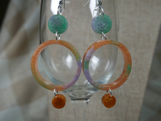 Resin Green, Silver and Gold Three Circle Earrings