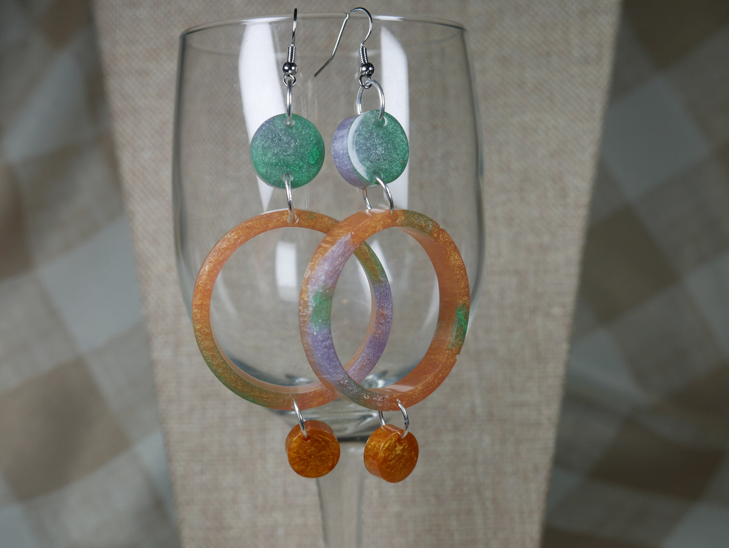 Resin Green, Silver and Gold Three Circle Earrings