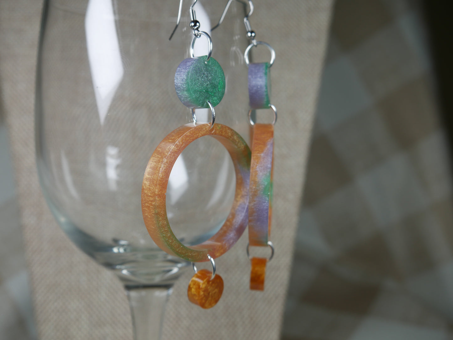 Resin Green, Silver and Gold Three Circle Earrings