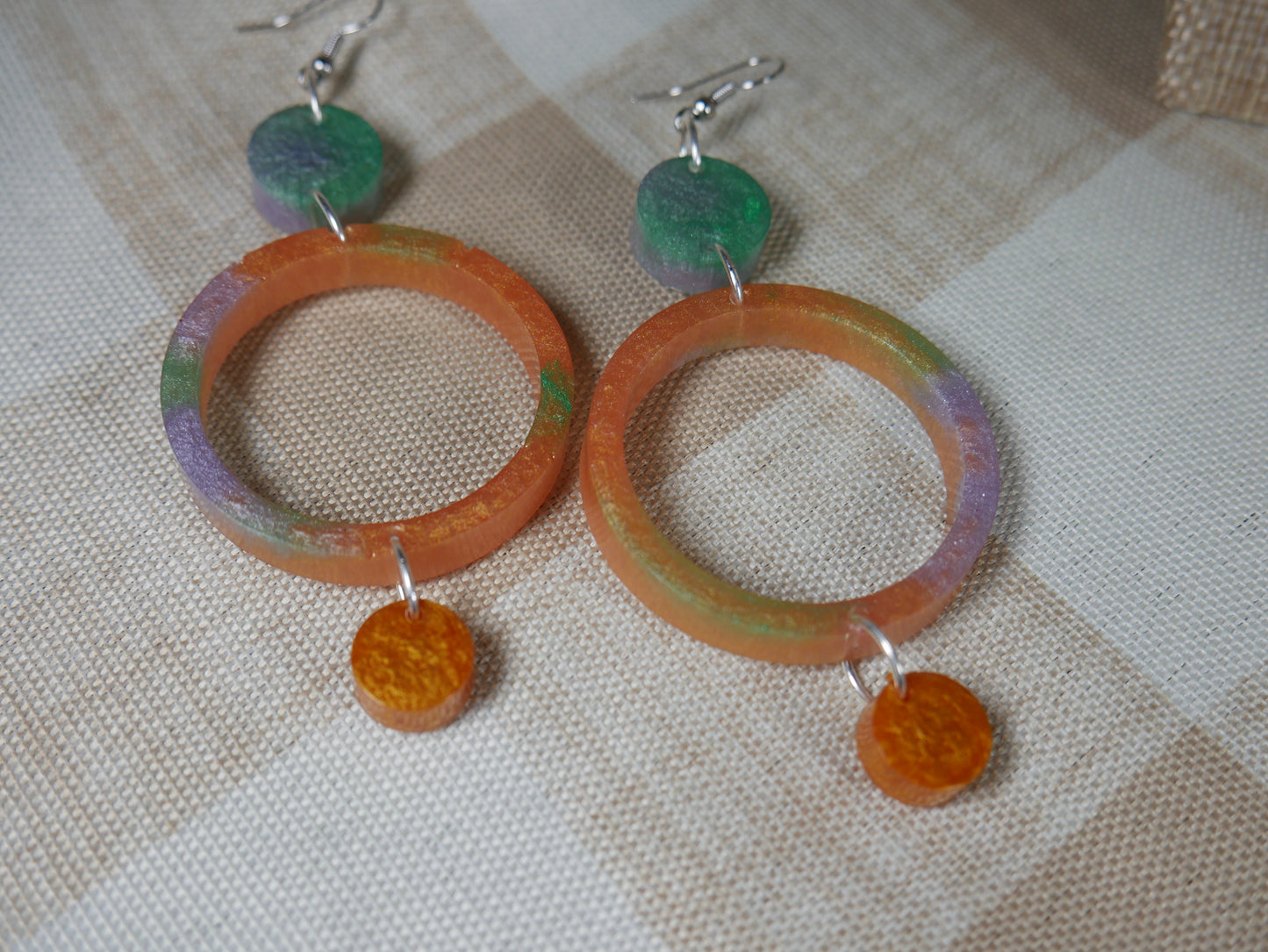 Resin Green, Silver and Gold Three Circle Earrings