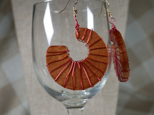 Resin Copper Colored Ammonite Shaped, Wire Wrapped Earrings