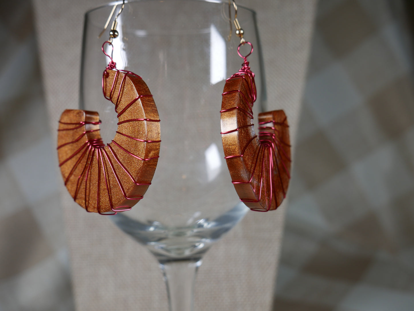 Resin Copper Colored Ammonite Shaped, Wire Wrapped Earrings