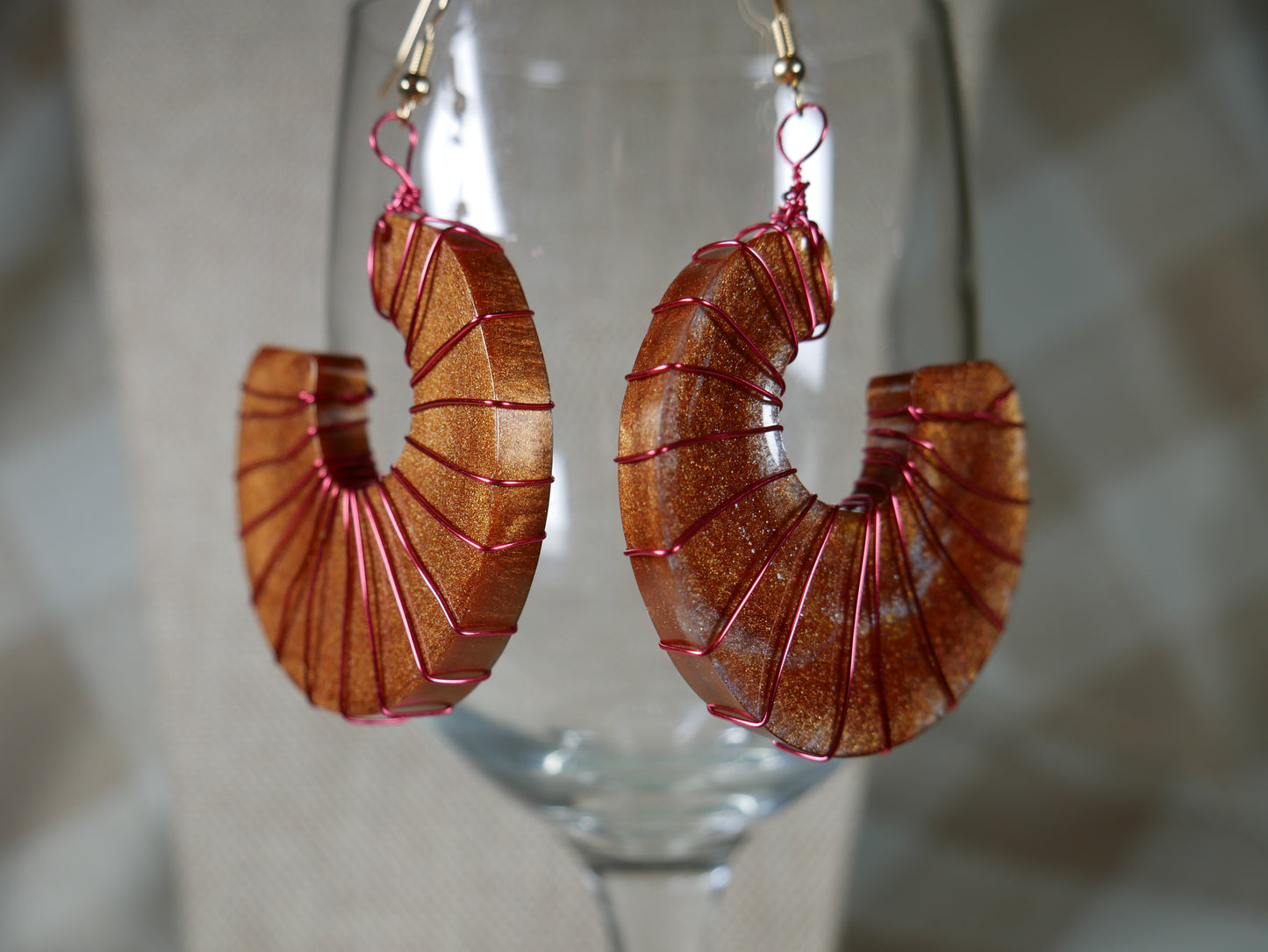 Resin Copper Colored Ammonite Shaped, Wire Wrapped Earrings