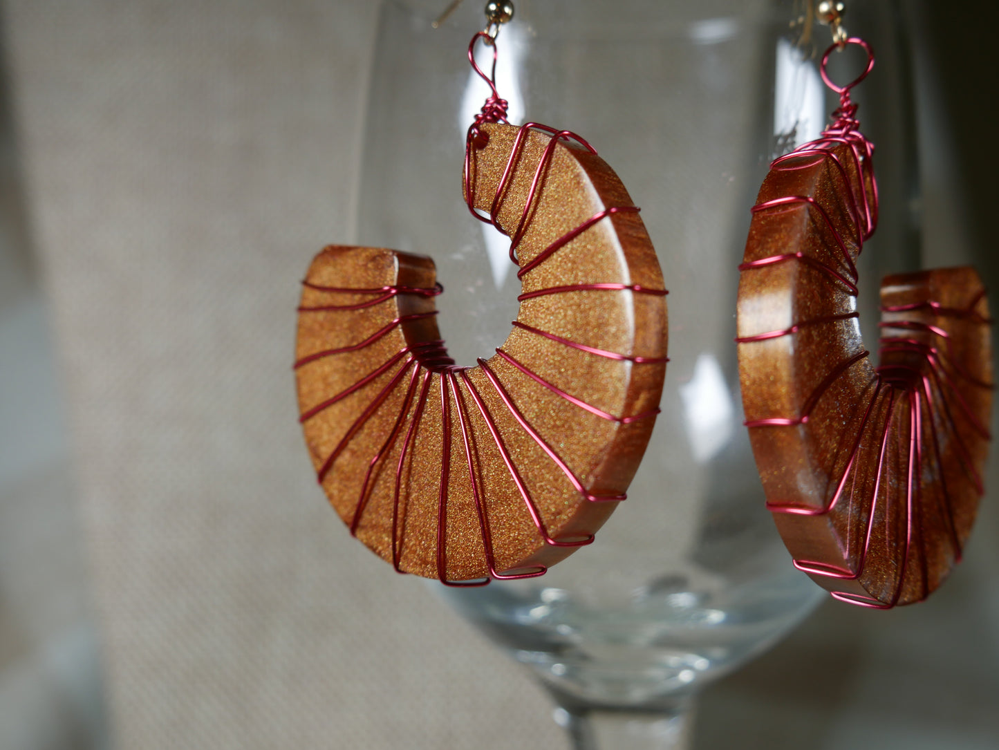 Resin Copper Colored Ammonite Shaped, Wire Wrapped Earrings