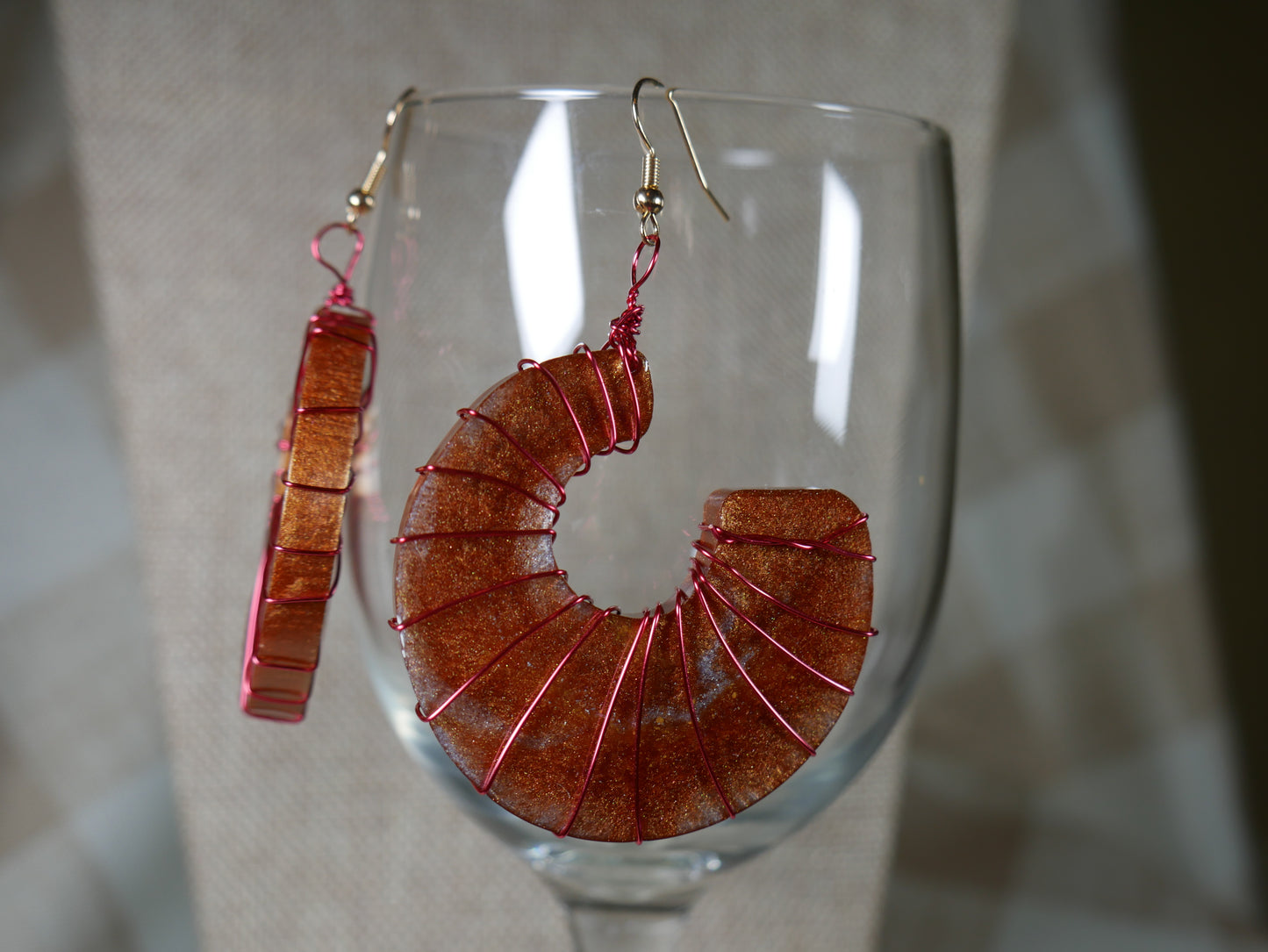 Resin Copper Colored Ammonite Shaped, Wire Wrapped Earrings