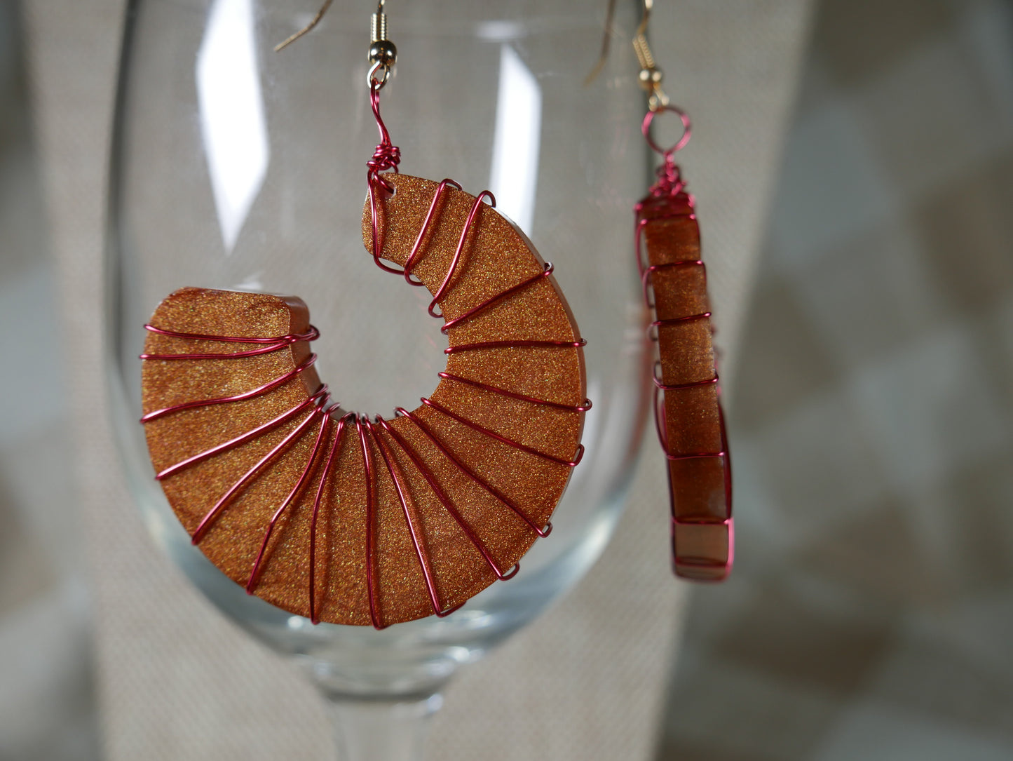 Resin Copper Colored Ammonite Shaped, Wire Wrapped Earrings