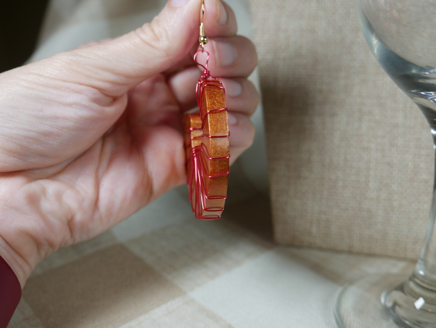 Resin Copper Colored Ammonite Shaped, Wire Wrapped Earrings