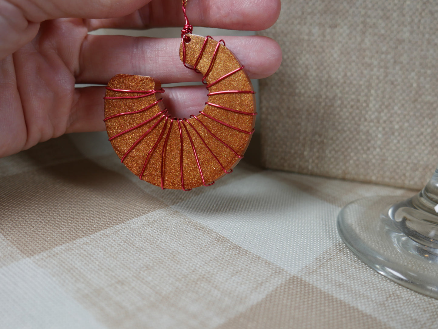 Resin Copper Colored Ammonite Shaped, Wire Wrapped Earrings