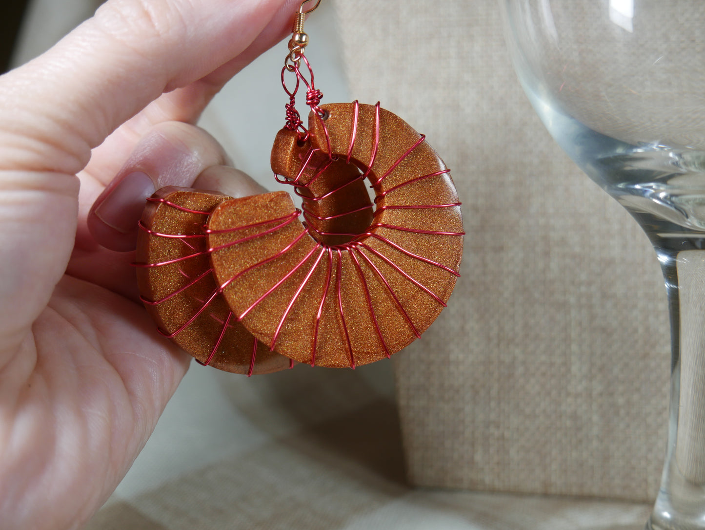 Resin Copper Colored Ammonite Shaped, Wire Wrapped Earrings