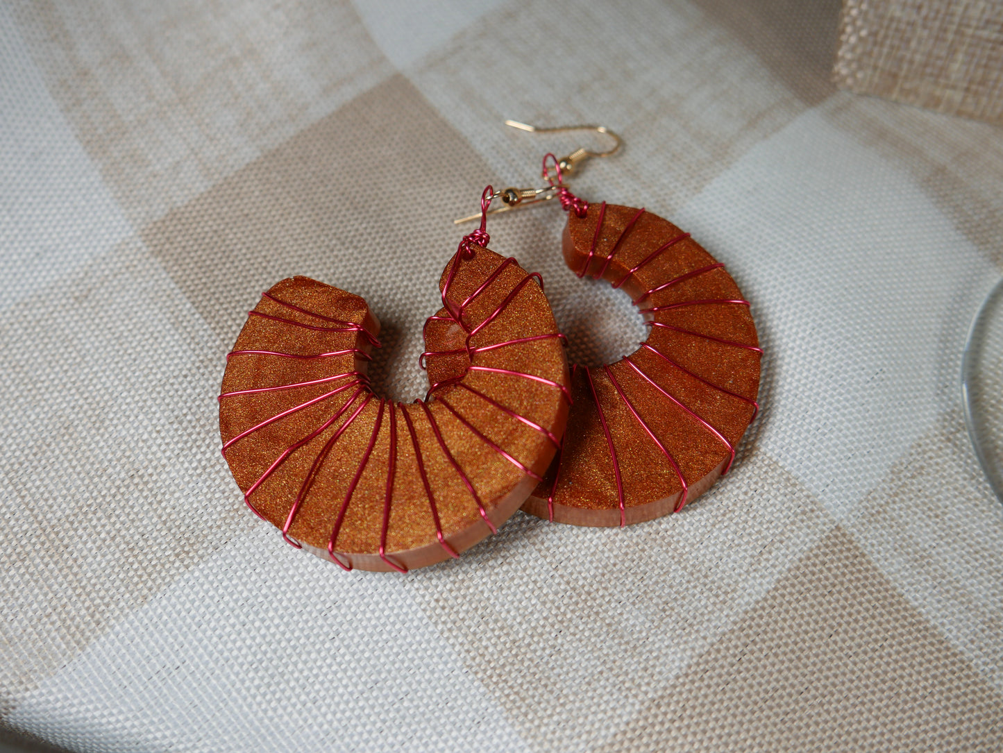 Resin Copper Colored Ammonite Shaped, Wire Wrapped Earrings