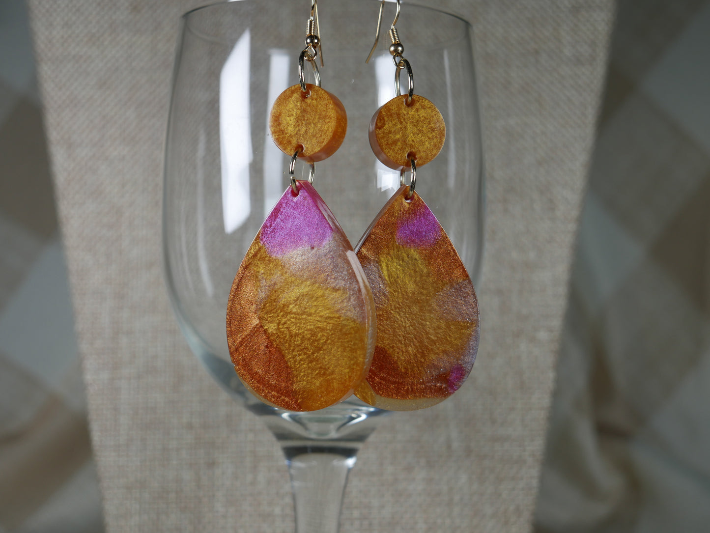 Resin Copper, Silver and Magenta Teardrop Shaped Earrings