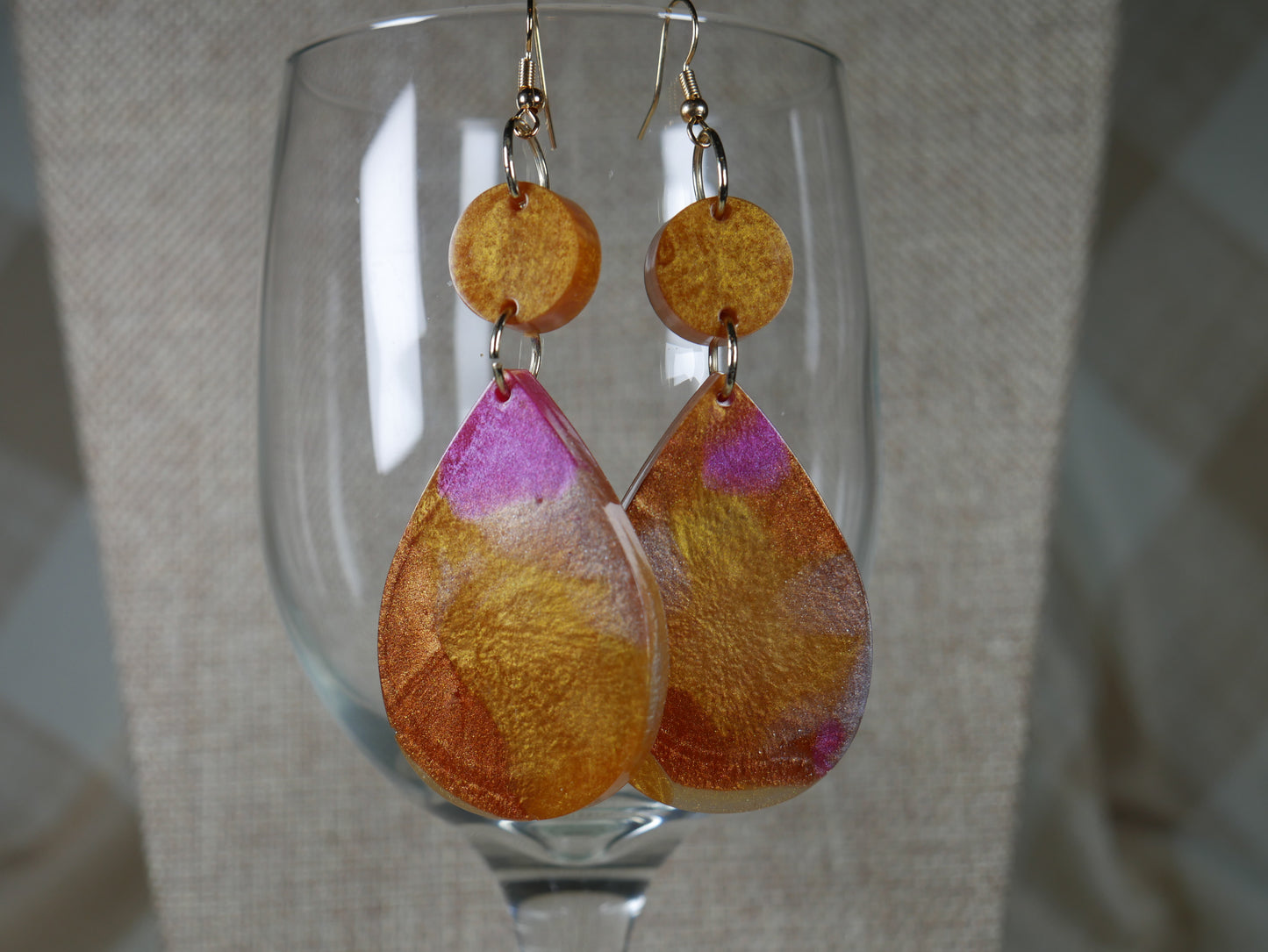 Resin Copper, Silver and Magenta Teardrop Shaped Earrings