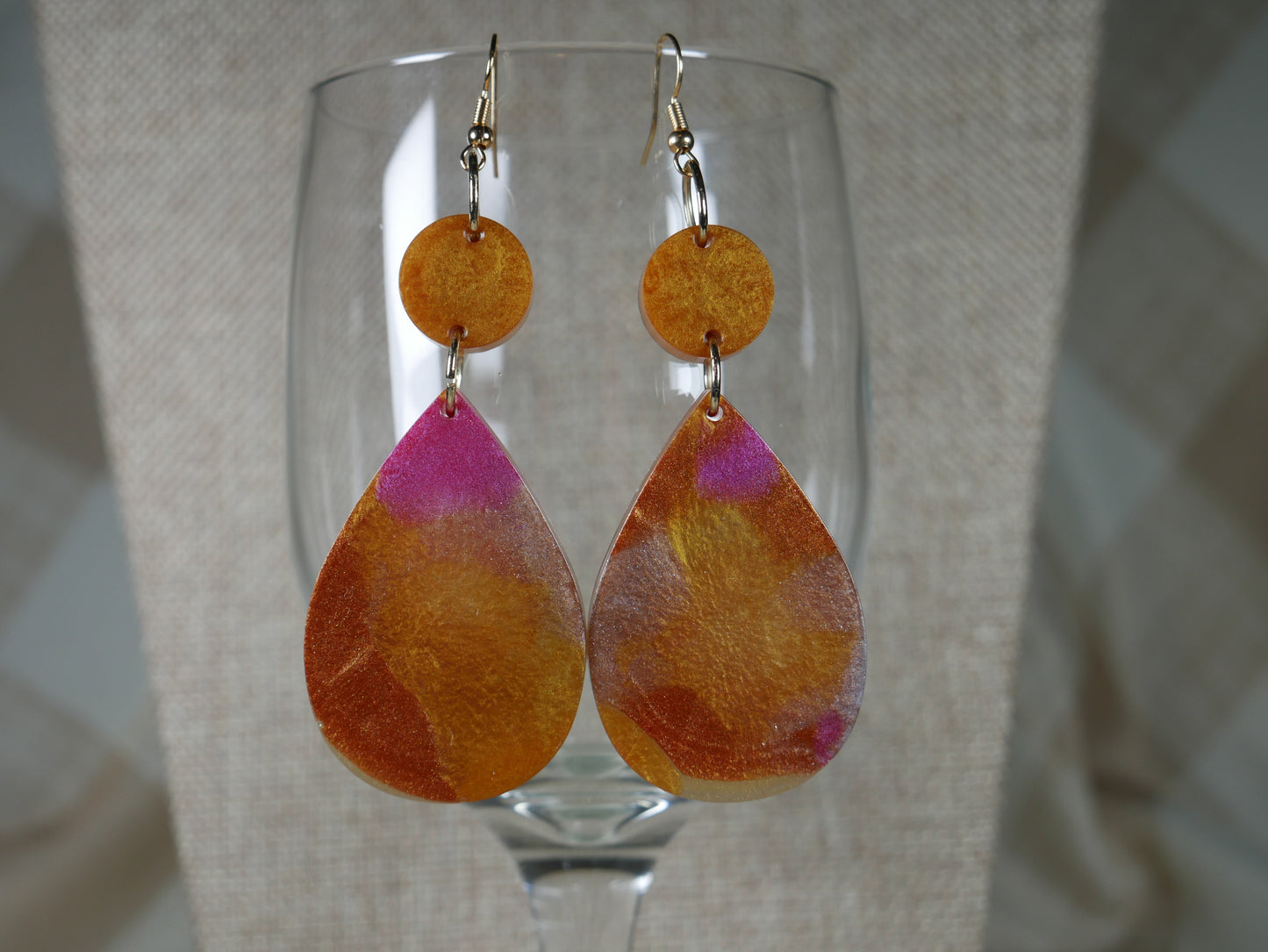 Resin Copper, Silver and Magenta Teardrop Shaped Earrings